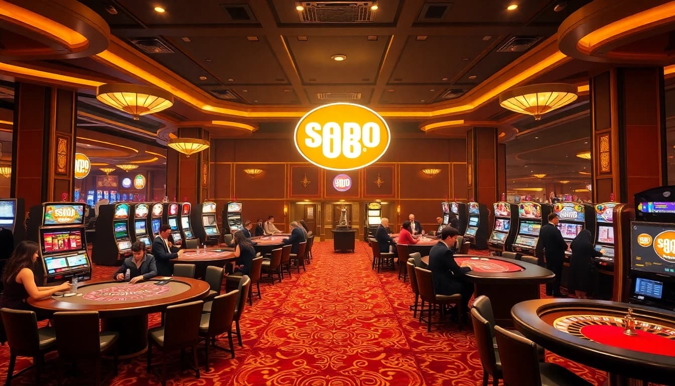 SODO CASINO 66 vibrant casino scene with players at tables and exciting slot machines.
