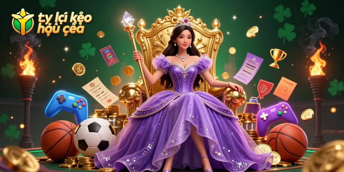 Engage with tỷ lệ kèo nhà cái in this vibrant 3D sports betting illustration featuring a princess with a golden scepter and dynamic gaming elements.
