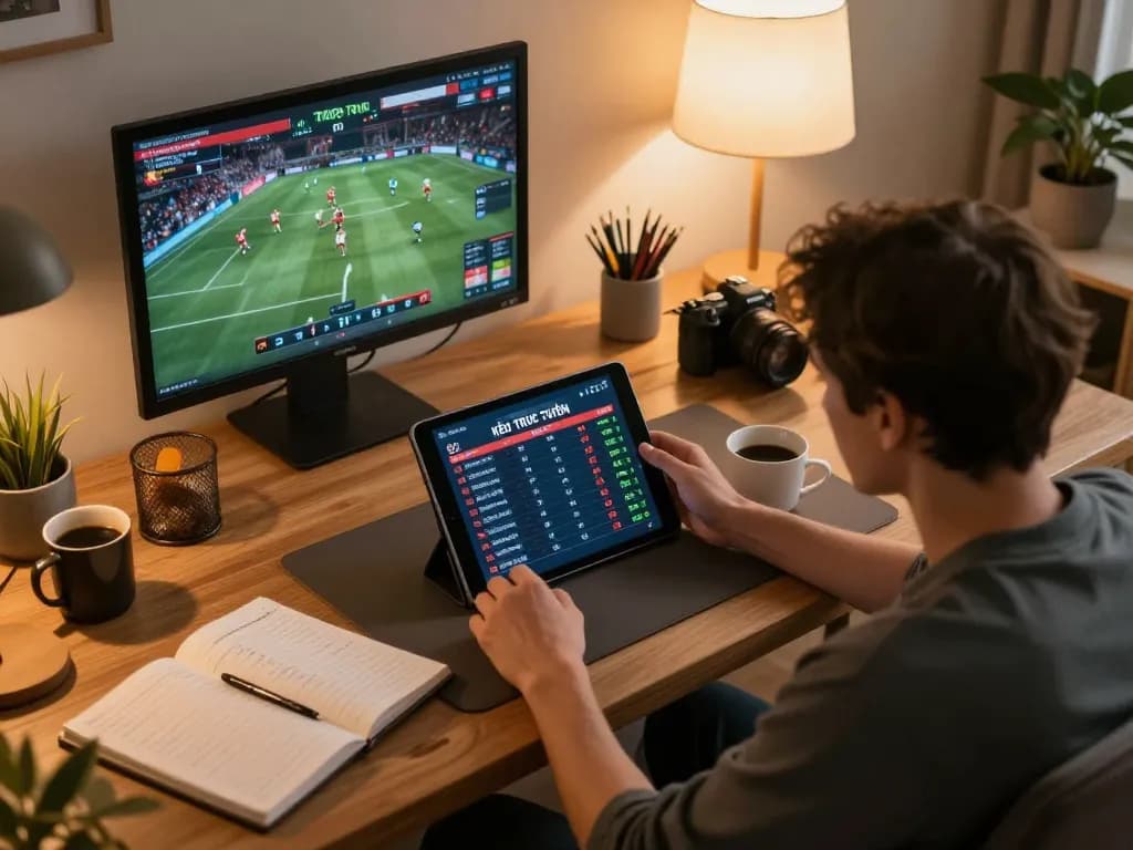 KÈO TRỰC TUYẾN displayed on tablet as a person engages in sports betting at home
