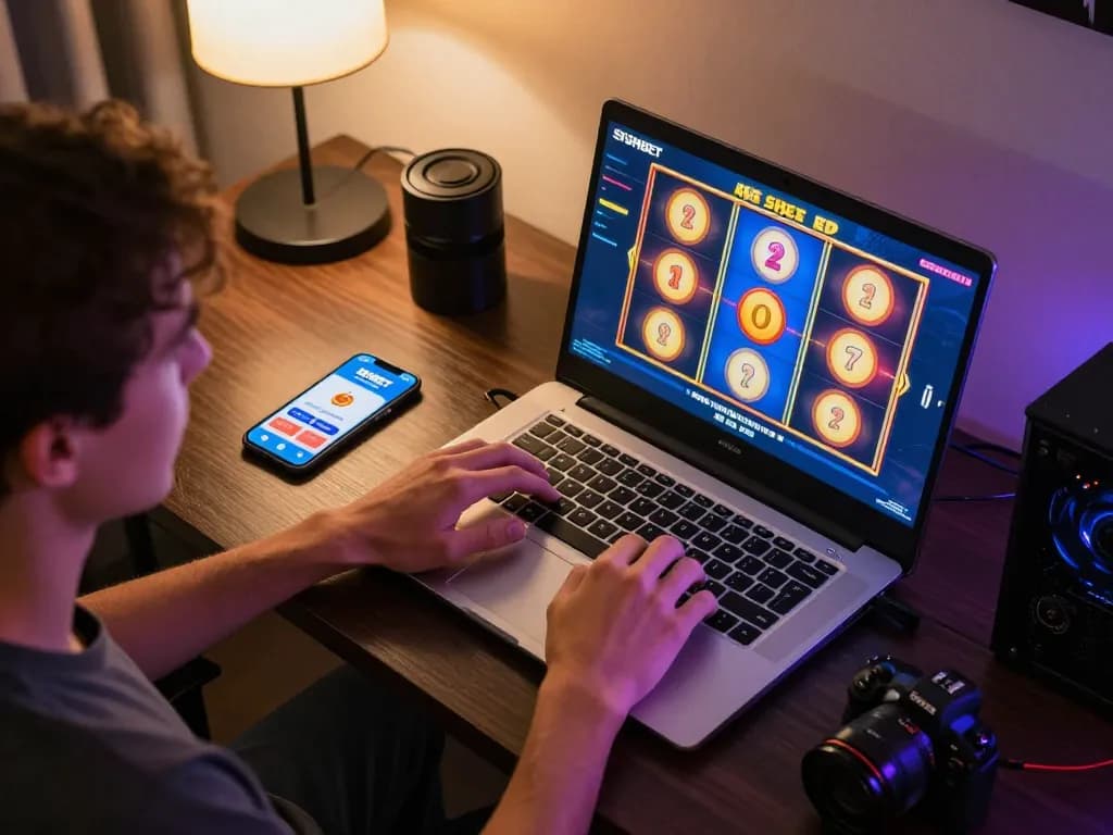 Engaged player spinning SHBET slots on a laptop, showcasing vibrant online gaming setup.