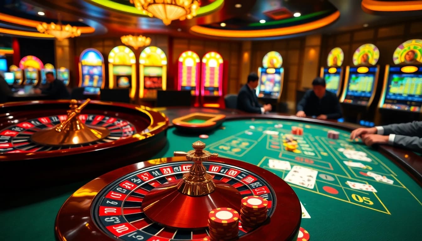Experience a thrilling gaming atmosphere at QQ88 with vibrant tables and rich casino visuals.