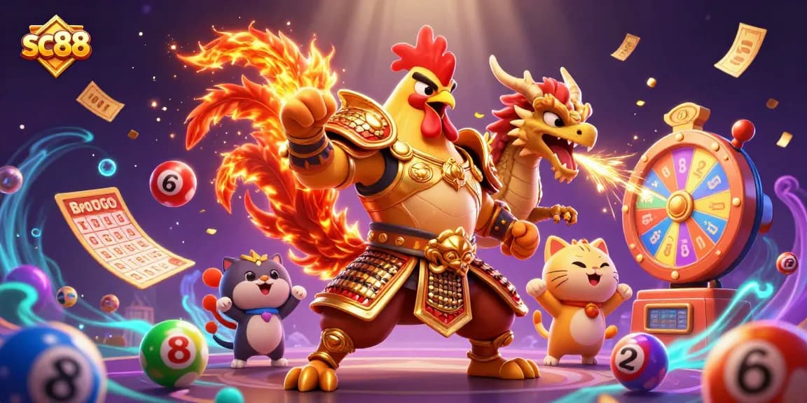 Win big with sc88's dynamic gambling scene featuring a rooster warrior and gaming elements.