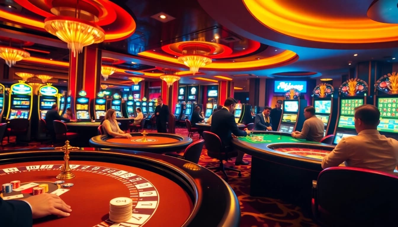 Engaging casino scene showcasing tylenhacai7.com with poker chips and vibrant slot machines.