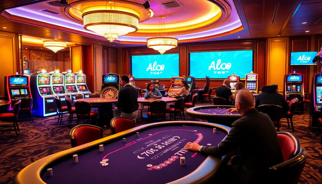 Players engaging at a high-stakes poker table in an upscale casino setting, featuring Alo 789 branding.