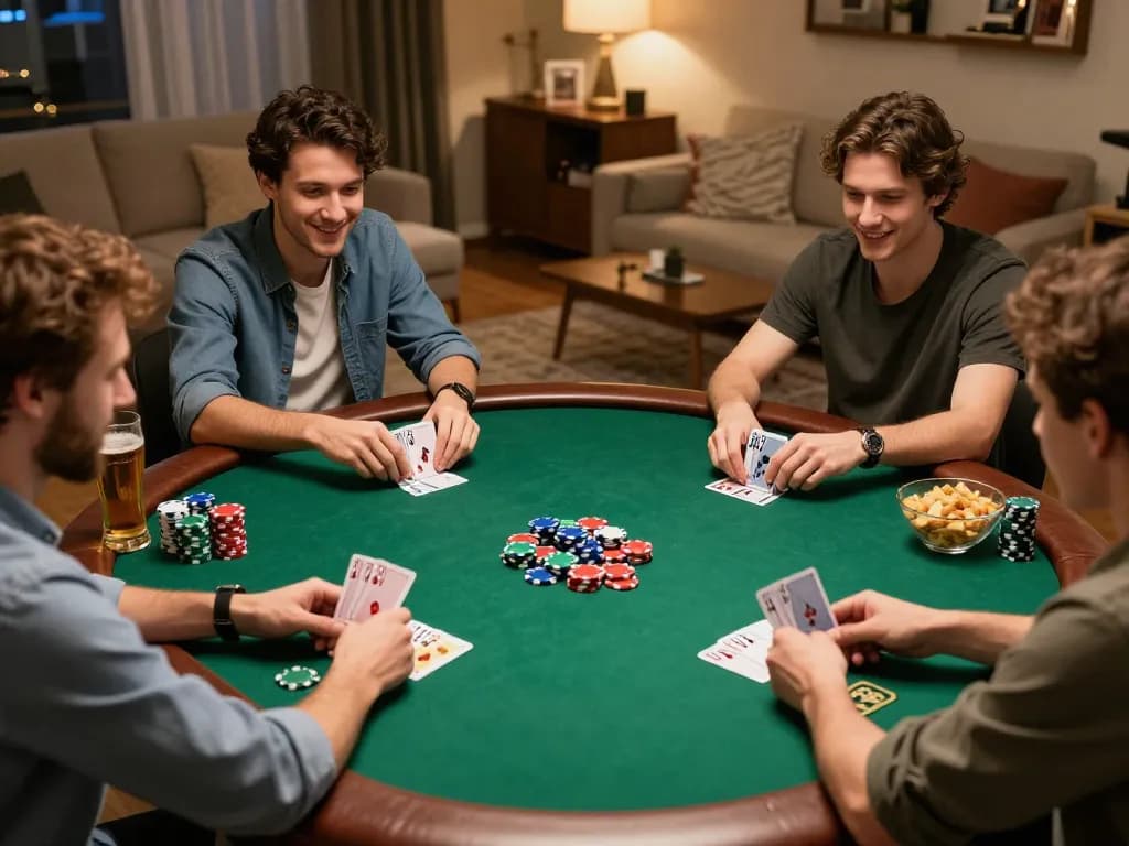 Friends enjoying an intense poker game at home, showcasing the vibrant atmosphere of bongdallu gaming.