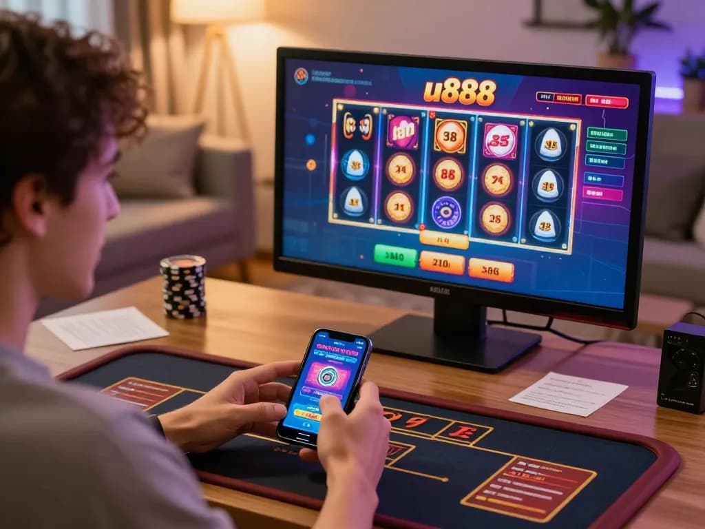 Player engaging with the u888 casino app, showcasing live betting on a vibrant smartphone.