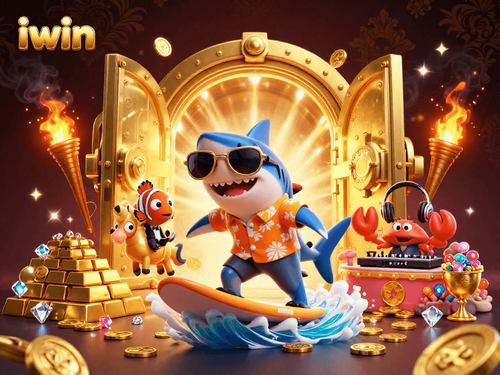 iwin celebrates winnings with a vibrant 3D scene featuring a shark, clownfish, and crab at a lively coral casino.
