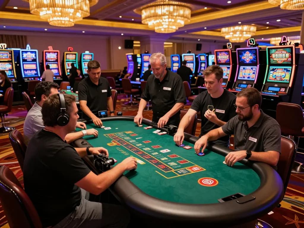 Engaging gameplay at a blackjack table in a Las Vegas casino showcasing players and dealer, highlighting debet strategies.