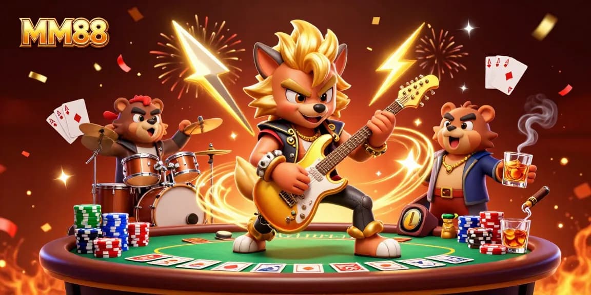 Experience the thrill of MM88 casino with a vibrant 3D illustration showcasing a rock star wolf shredding guitar on stage.