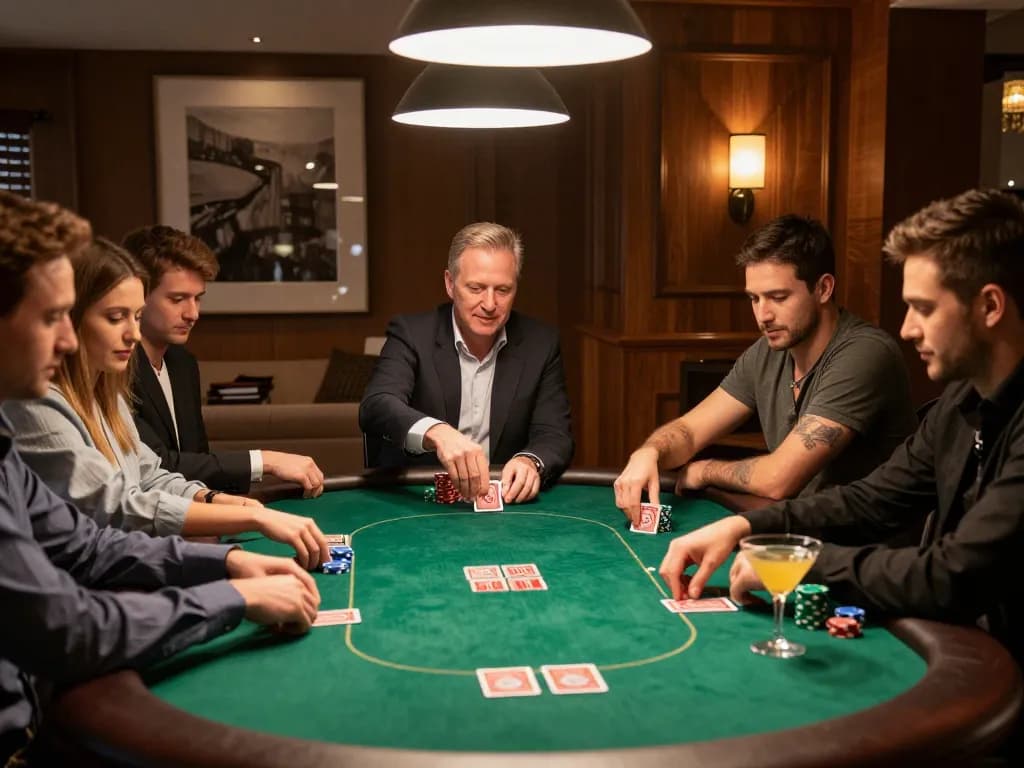 Players enjoying a lively game at hitclub poker night, chips and cards in action under warm lighting.