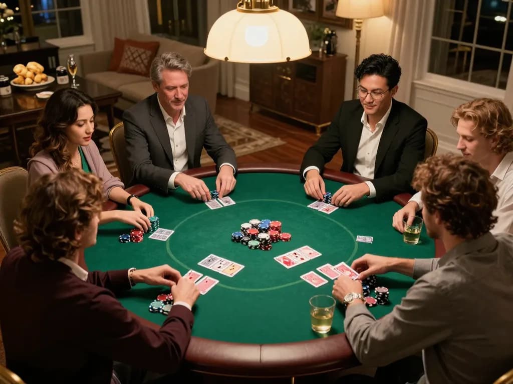 Players engage in a thrilling home poker game at a stylish table, showcasing a reputable online gambling experience.