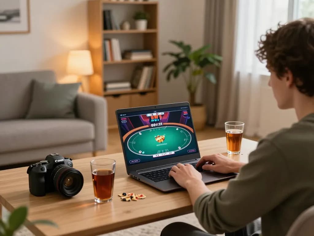 Experience the excitement of online poker gameplay on 88VV from a cozy home setup with snacks and casual atmosphere