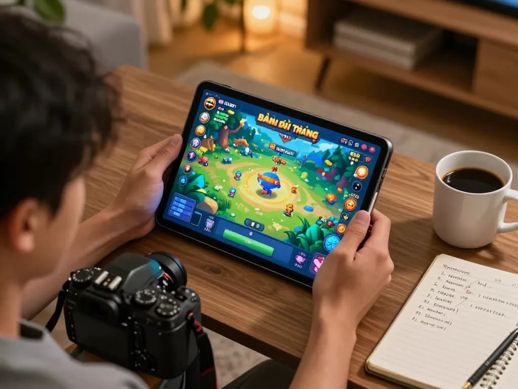 Bắn Cá Đổi Thưởng gameplay on a tablet in a cozy setting highlighting excitement and strategy.