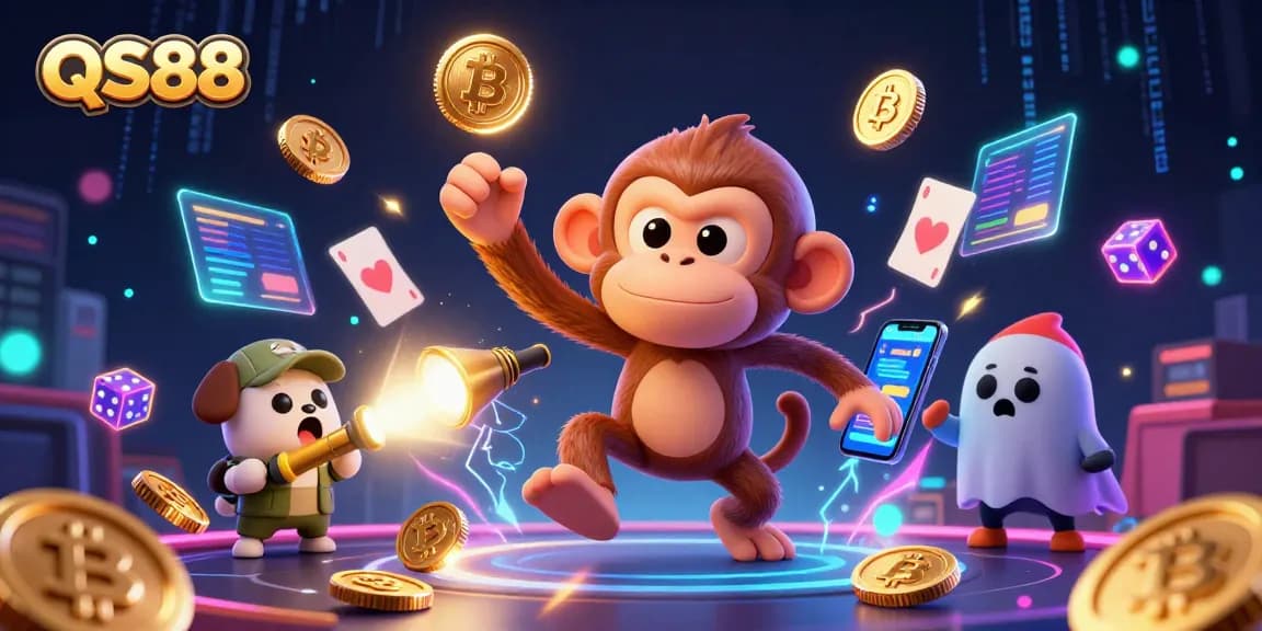 Experience the thrilling world of QS88 with a playful poltergeist monkey juggling coins in a lively casino.