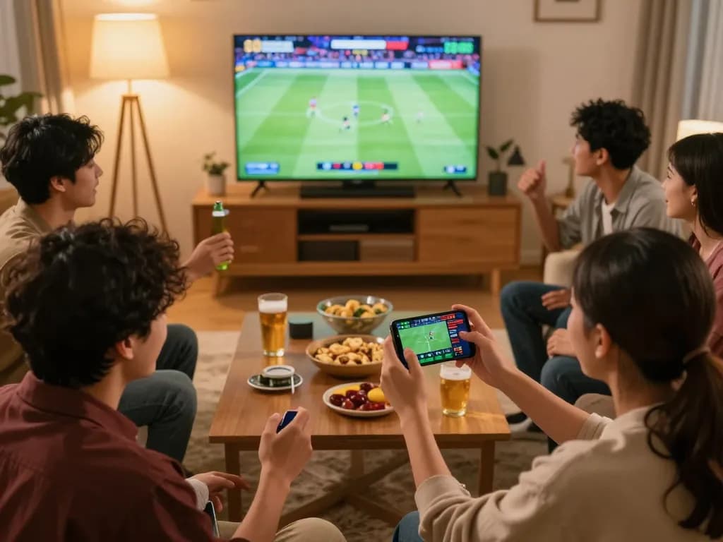 Excited bettors interacting with the 789betgo app while watching sports in a lively home setting.