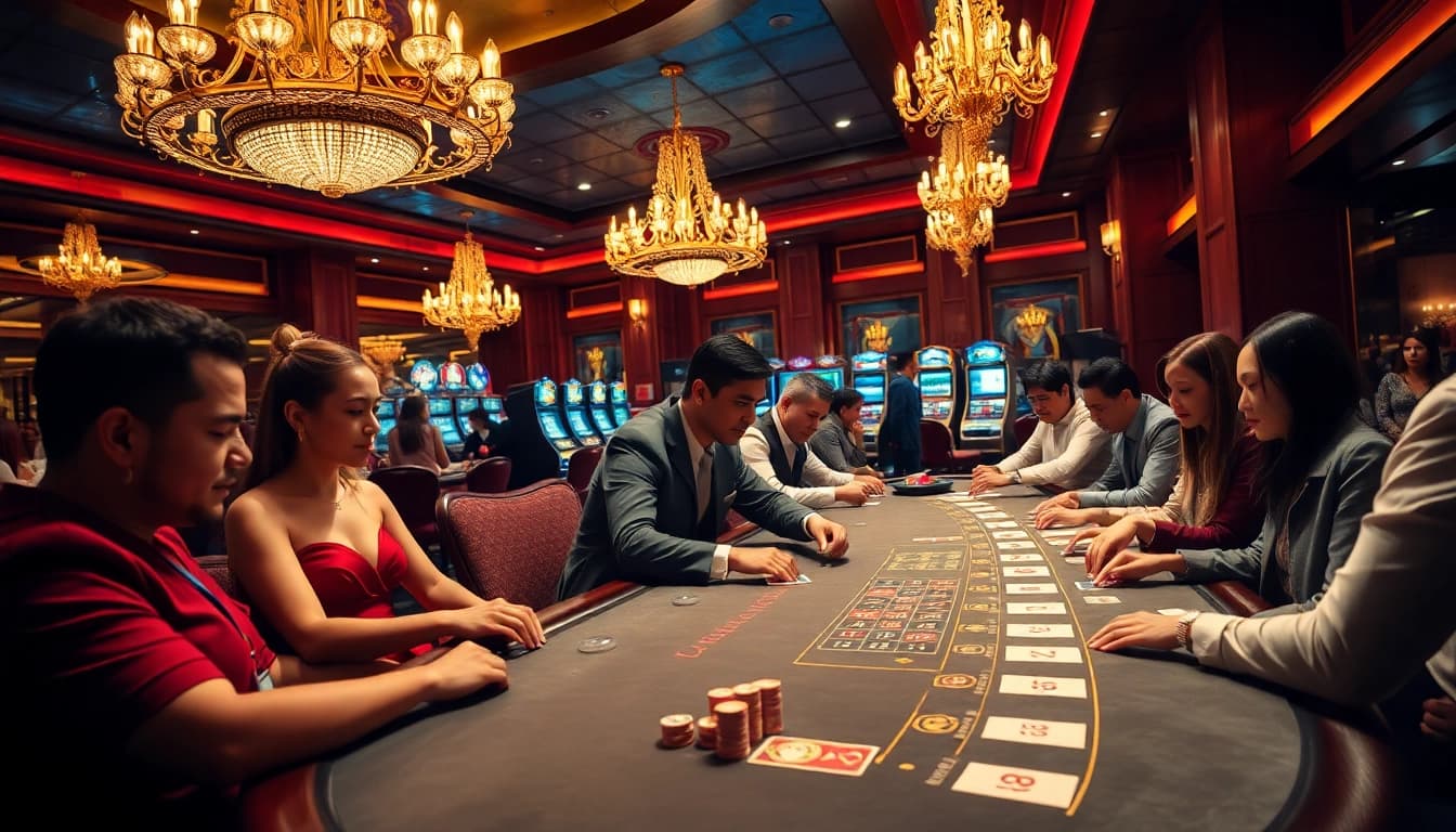 Gamblers enjoying an exciting blackjack game at https://tg88.black/ casino with vibrant atmosphere and luxury decor.