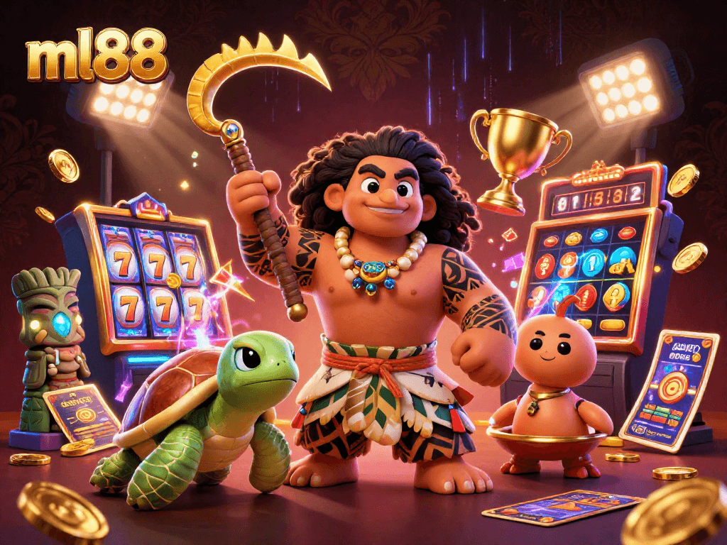 Experience excitement with ml88's spinning slot reels and treasures in an immersive 3D casino scene.