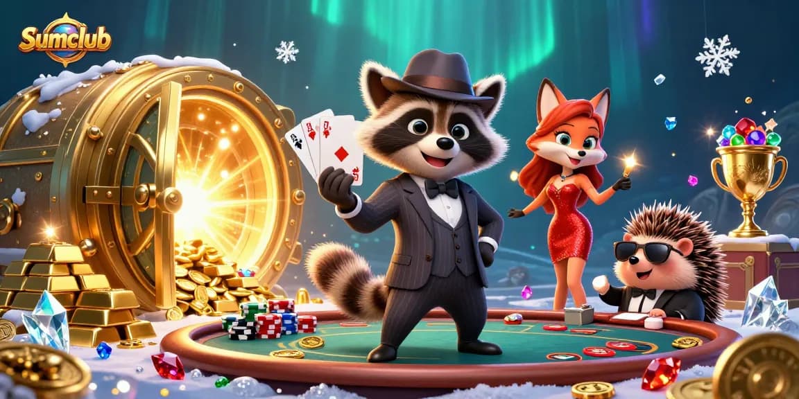 Experience the thrill of Sumclub with a suave raccoon, fox lady, and hedgehog bouncer in this vibrant casino illustration.