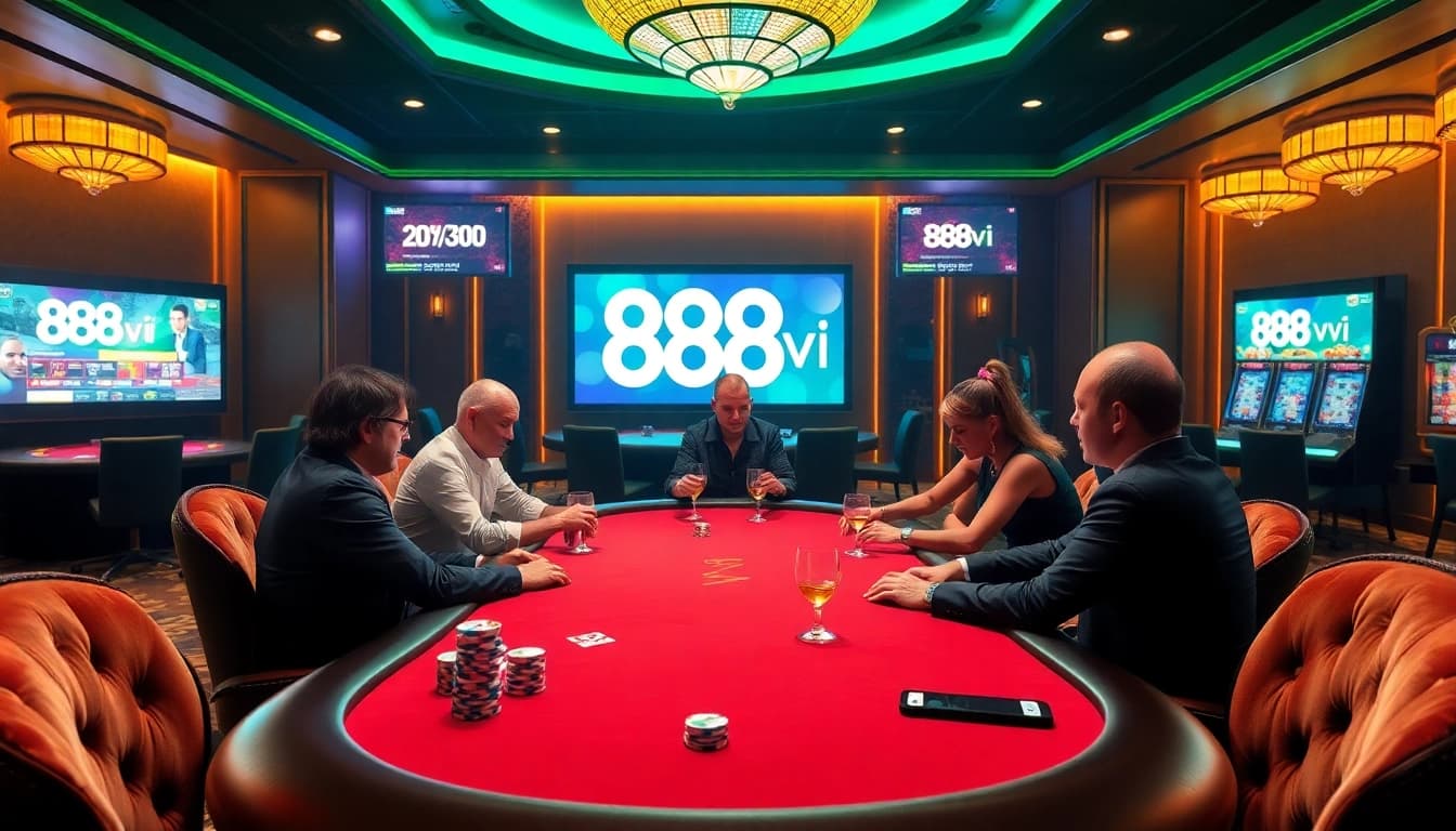 Engaged players enjoying poker at a luxurious casino table, highlighting the 888vi gambling experience.