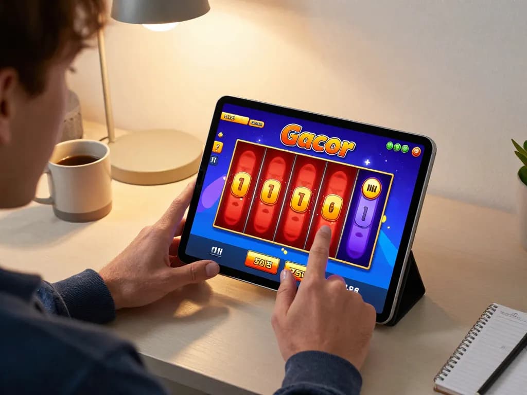 Engaging in a slot gacor online game with focused gameplay and vibrant graphics on tablet screen.