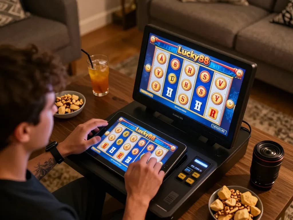 Engaging gameplay experience with Lucky88 slot on tablet, highlighting exciting features in a cozy setting