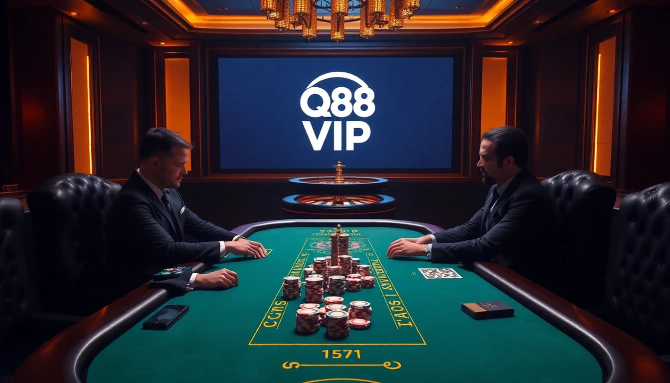 Players strategizing at a QQ88pro Vip poker table with vibrant chips and cards.