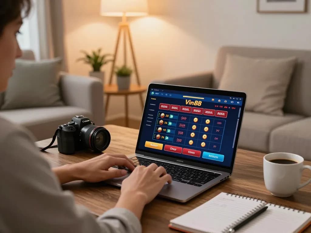 Gambler engaging with Vin88 online platform, strategically placing bets in a cozy home environment.