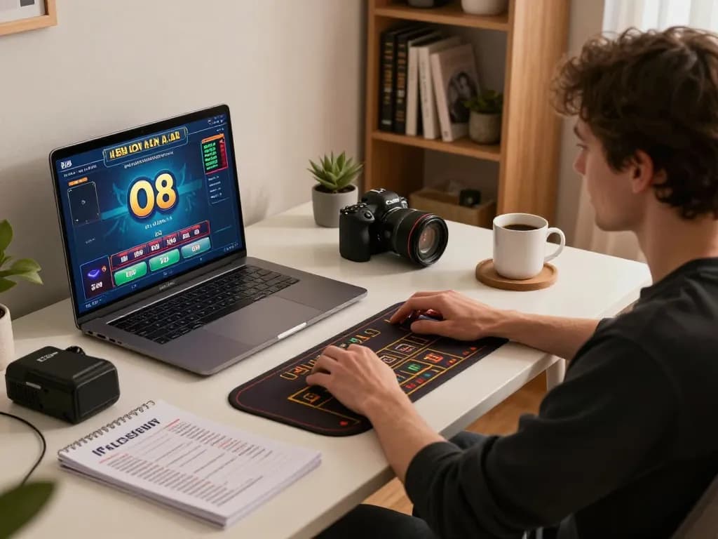 Player enjoying O8 online casino games in a cozy home setup, illustrating responsible gaming