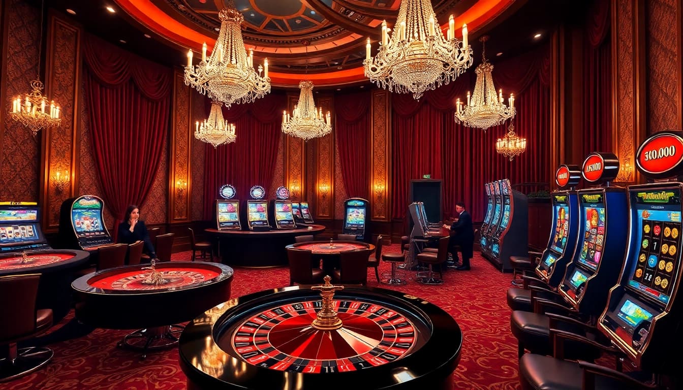 Players enjoy thrilling games at iboslot alternatif in a luxurious casino setting.