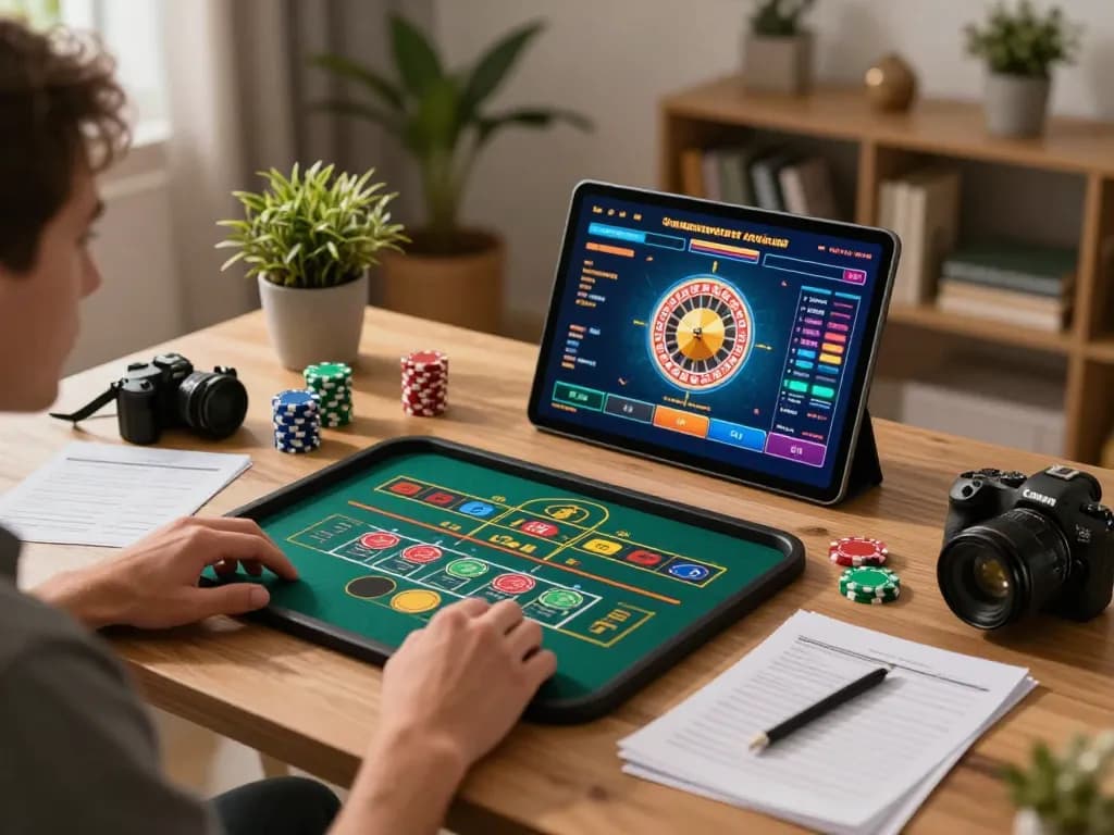 Player enjoying GO8 online roulette game on tablet, surrounded by betting strategy notes in cozy home.