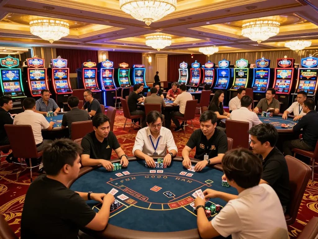 Engaged players at a vibrant nhacaiuytinn casino poker tournament, showcasing energetic gameplay and lively atmosphere.