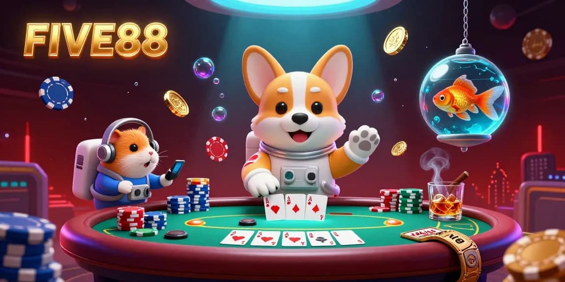 Engage in gambling action with the FIVE88 space casino, featuring vibrant 3D characters and dynamic poker elements.