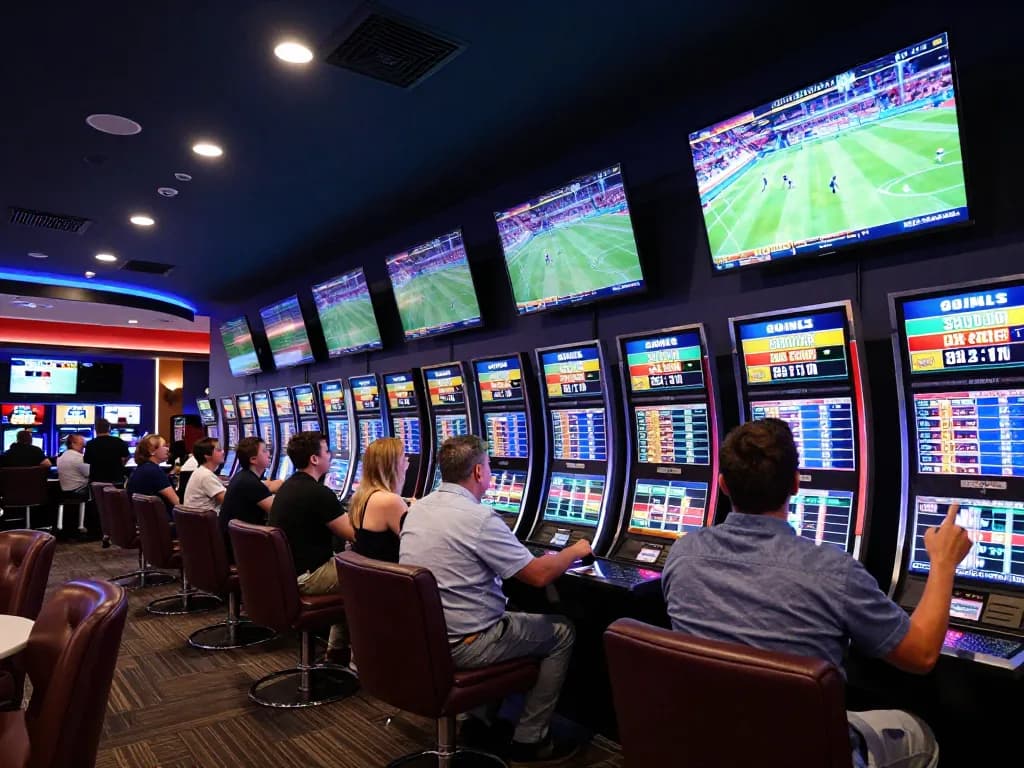 Experience transporthydraulics live sports betting with enthusiastic bettors cheering for their teams in a modern lounge