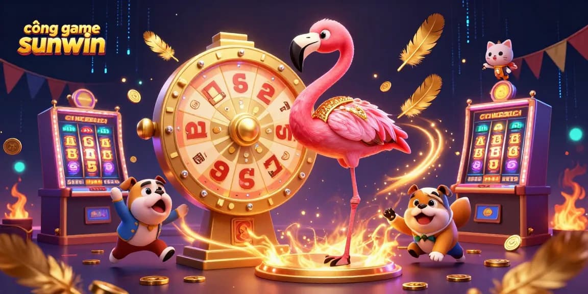 Engage with the thrilling world of cổng game sunwin featuring a vibrant 3D illustration of a game show host, contestant, and assistant in a lively casino setting.