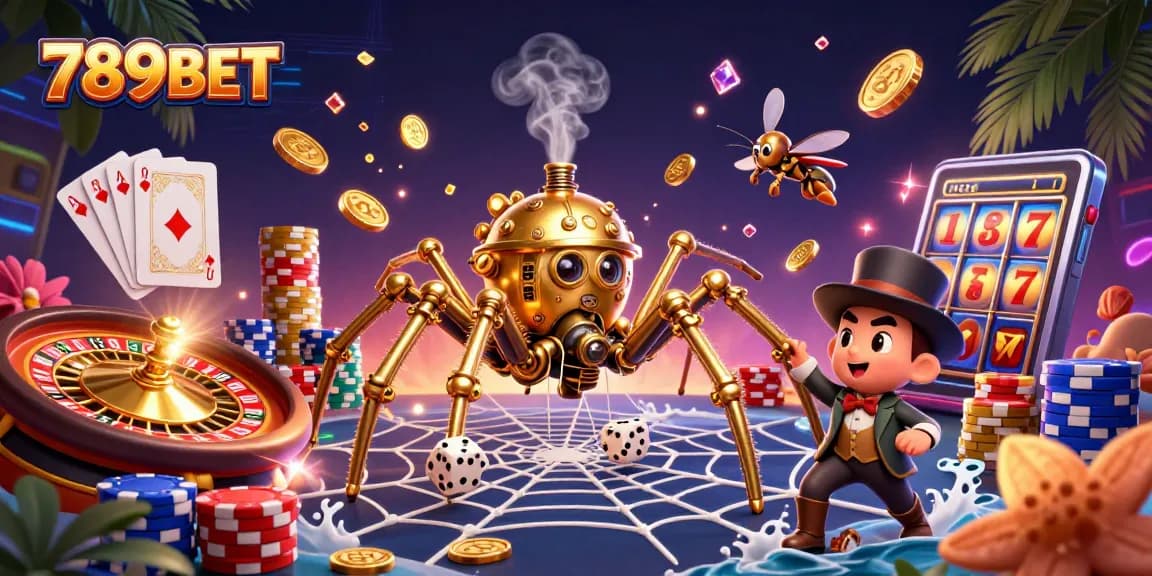 Engage with the vibrant gaming elements of 789BET as golden coins and poker chips dance in a dynamic casino scene.