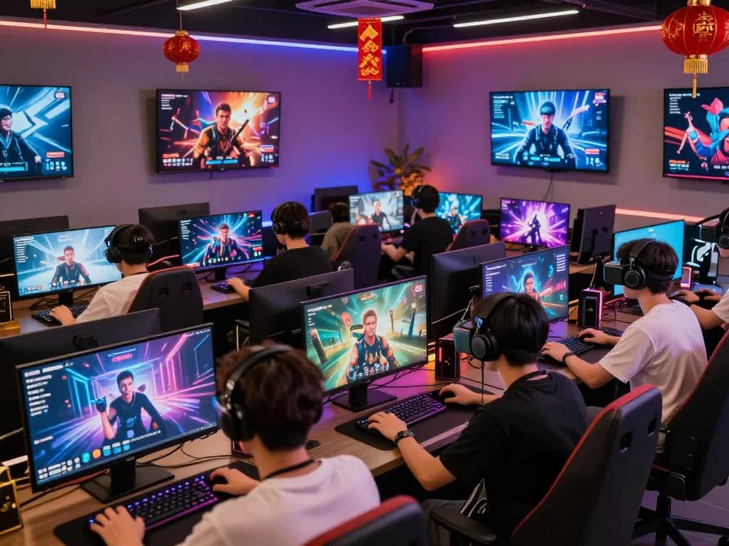Dynamic S666 gaming environment with players engaging around devices in festive Tết 2026 setting