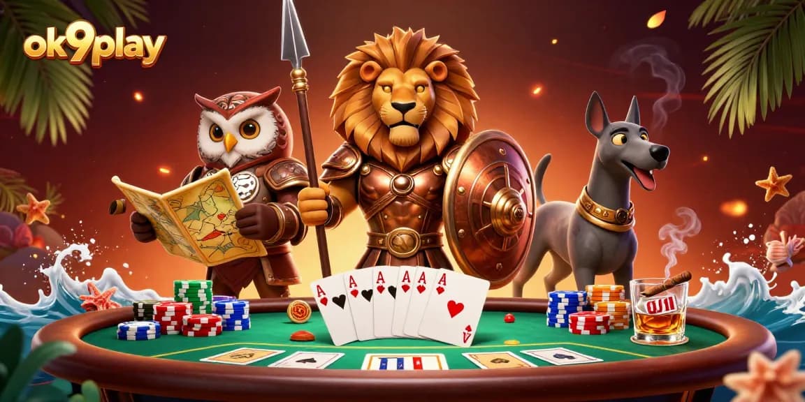 Engage in thrilling gameplay at ok9play with a vibrant 3D casino scene showcasing strategic poker play.