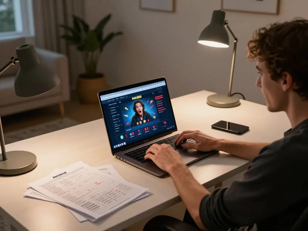 nk88 đăng nhập with dynamic gameplay visible on laptop screen, person excitedly engaging in online gambling at home office