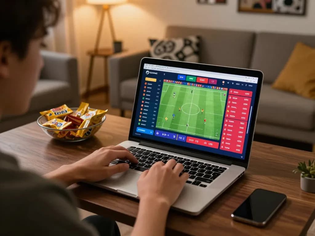 Engaged player analyzing keobongda soccer betting odds online on a laptop.