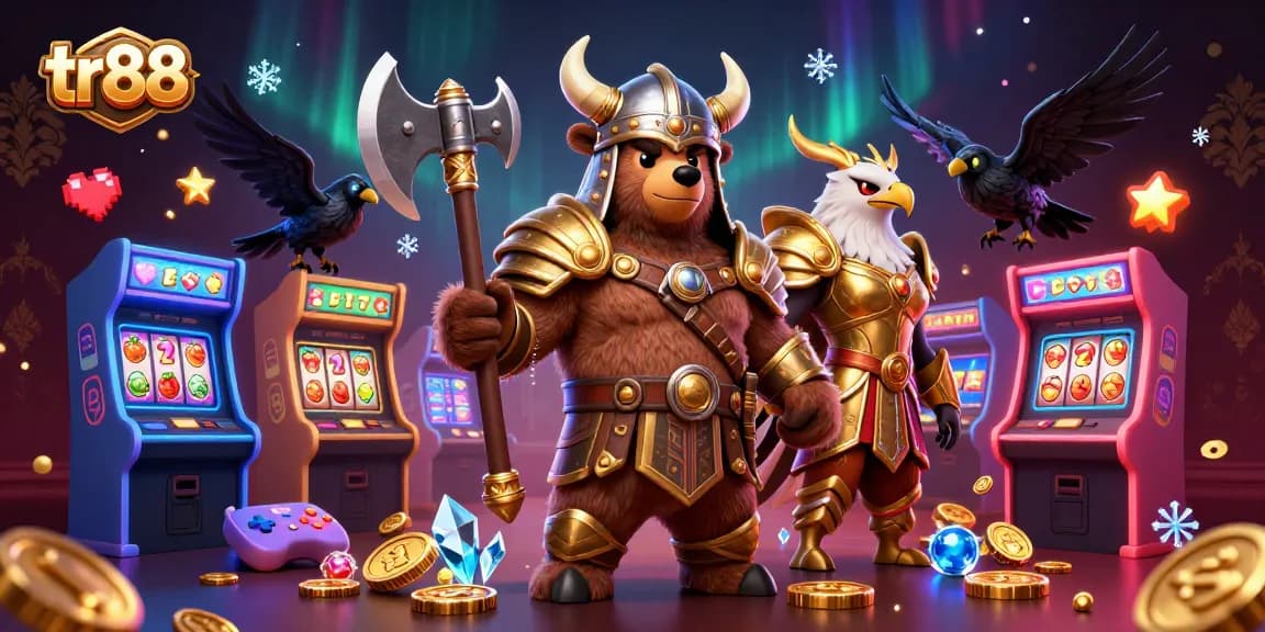 Engage with the vibrant tr88 gaming experience featuring a Viking bear, Valkyrie eagle, and colorful casino elements.