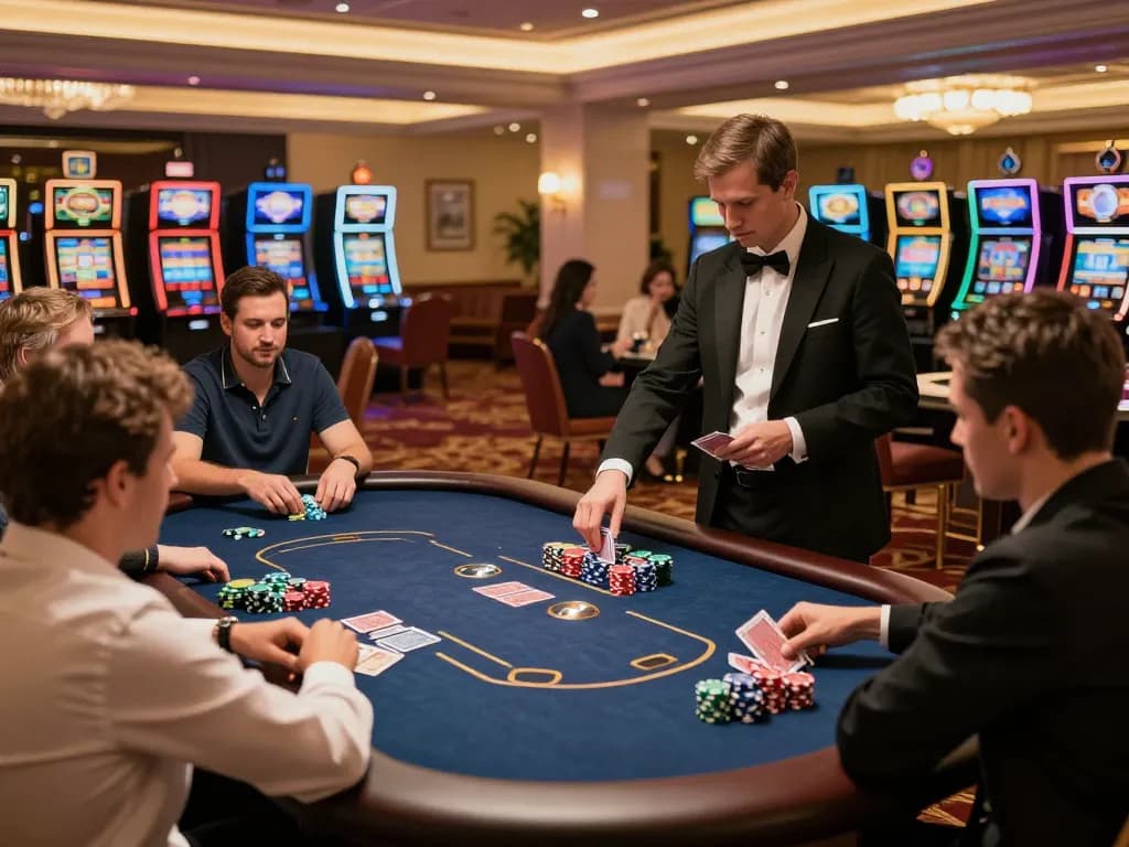 Sunwin players strategizing at a poker table in a luxurious casino
