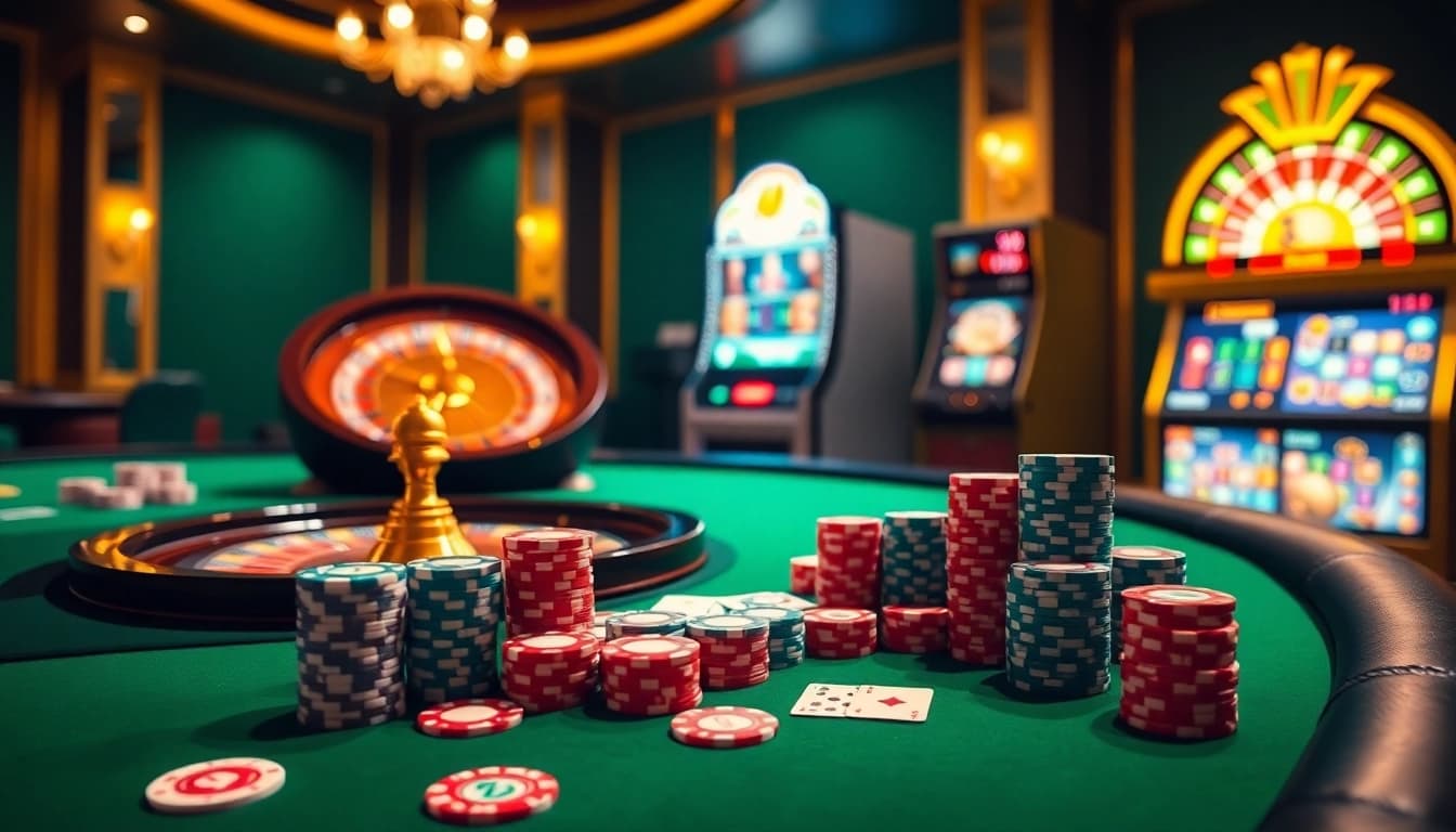 Experience the thrill of Luckywin com with vibrant casino tables and colorful poker chips.