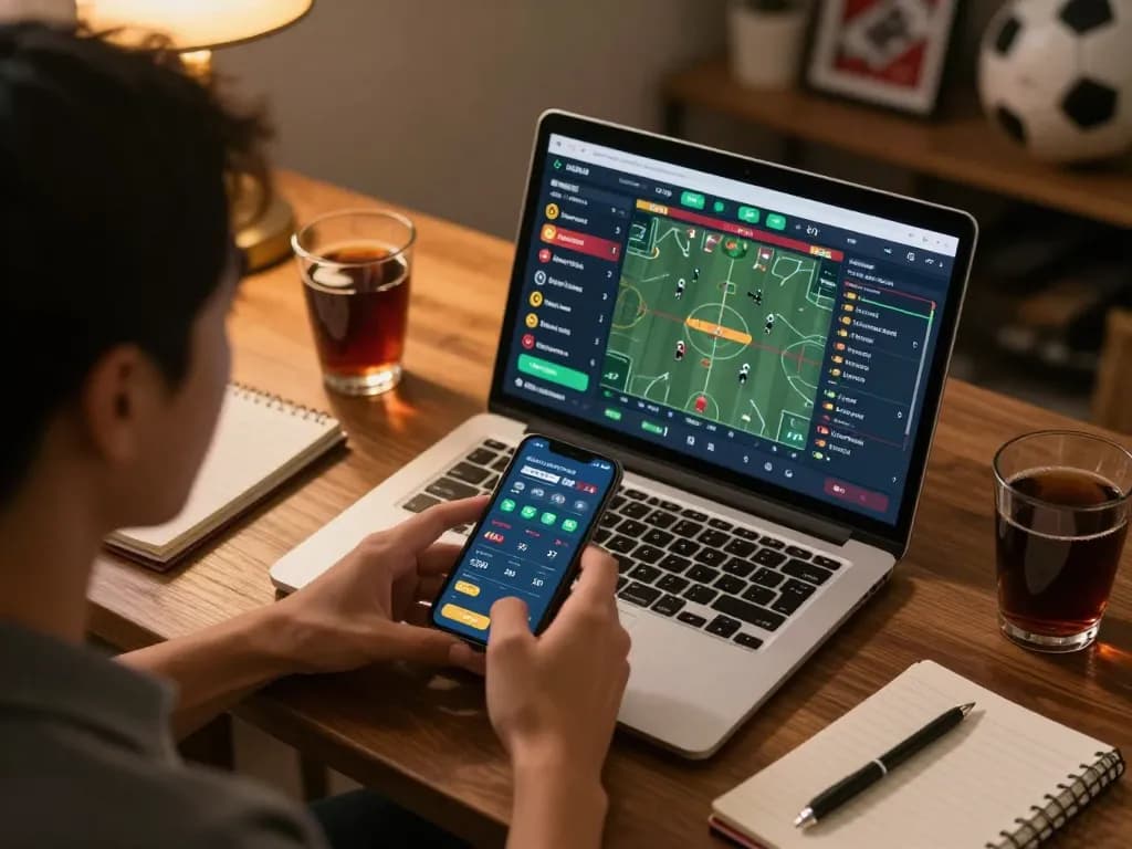 Engaging in kèo nhà cái hôm nay while analyzing live betting statistics on a smartphone and laptop.