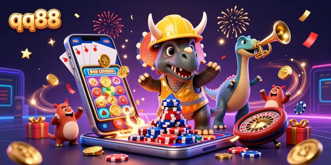 Celebrate wins at qq88 with a dynamic scene of casino characters and vibrant slot games.