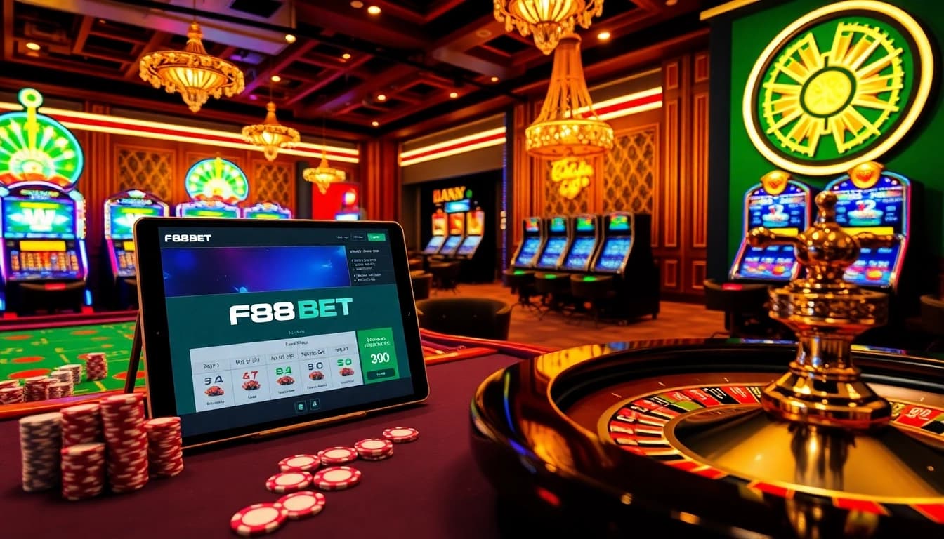 Experience the excitement of F88BET with vibrant casino visuals and high-end gambling elements.