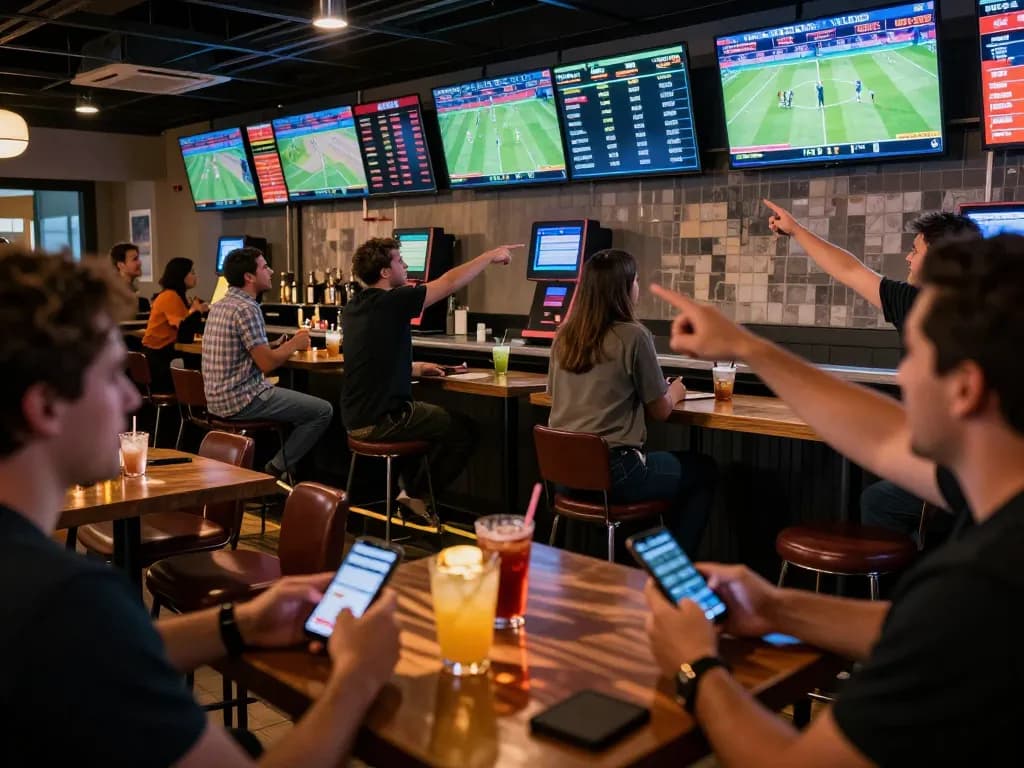 Engaging sports betting environment at hitclub with patrons excitedly placing bets on live games.