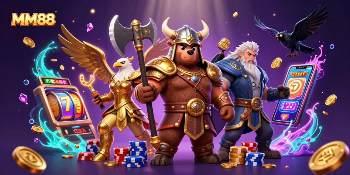 Engage with MM88's vibrant casino action featuring a Viking berserker bear and golden eagle amidst jackpots and poker chips.