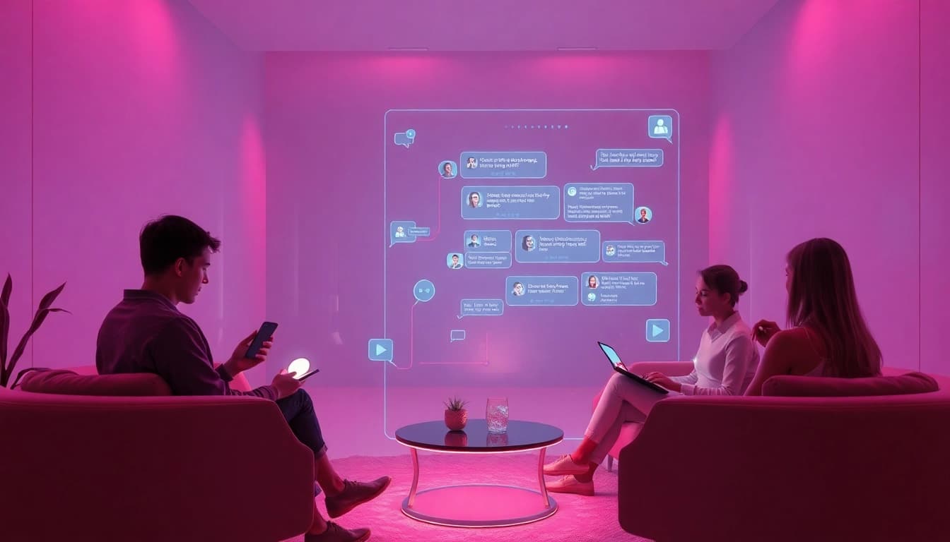Engaging scene of users interacting with innovative sex chat AI chatbots in a cozy, modern setting.