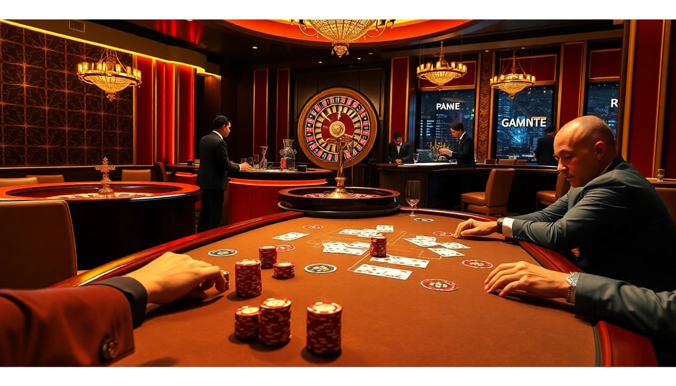 Exciting poker action at nhà cái uy tín F168 showcasing a competitive casino scene with vibrant lighting.