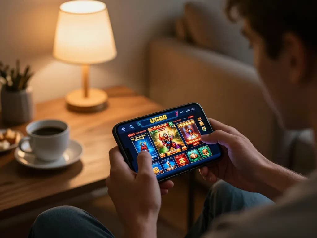 Player enjoying UG88 online casino app on smartphone in a cozy home setting